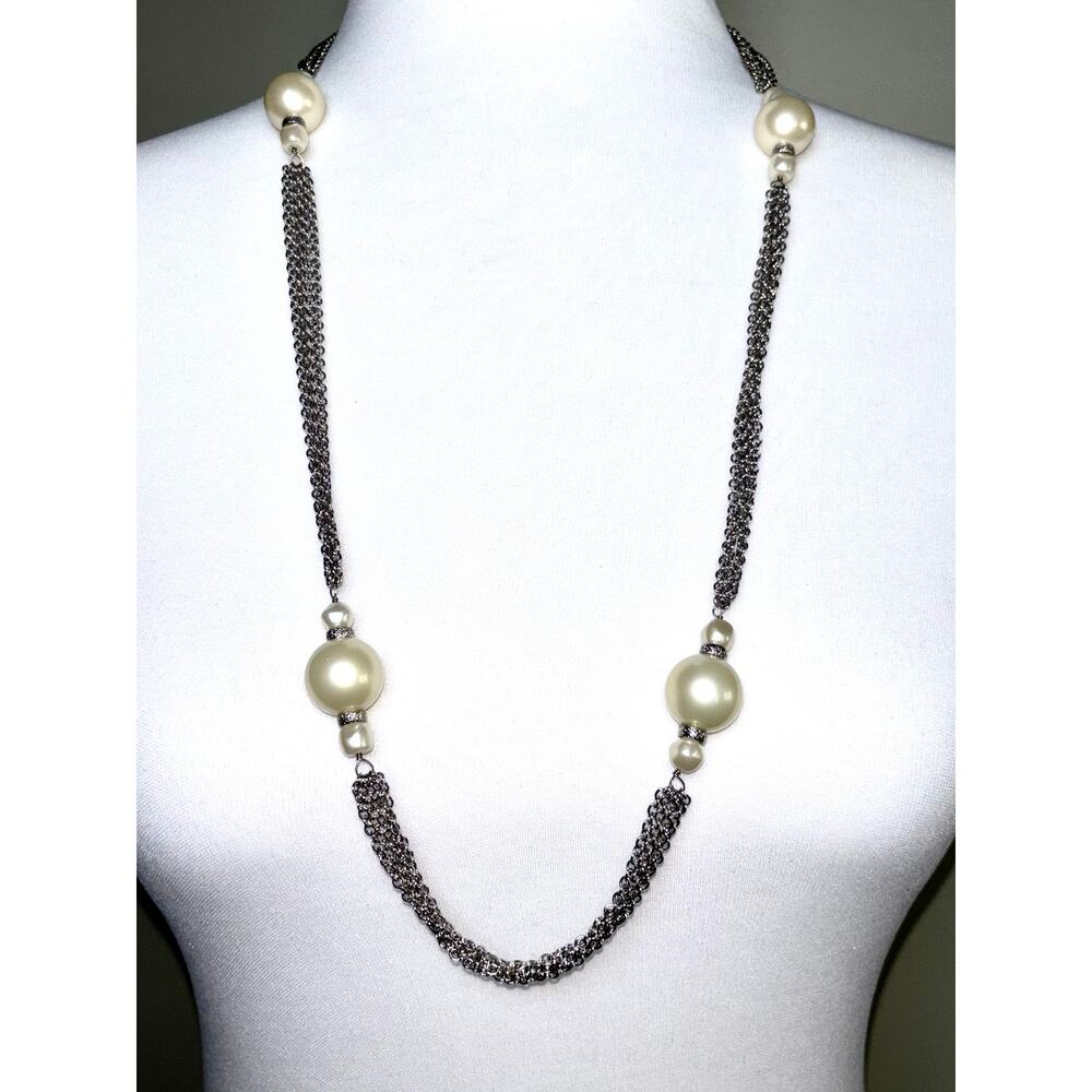 Vintage Talbots Silver Tone Multichain Oversized Faux Pearl Cluster Necklace